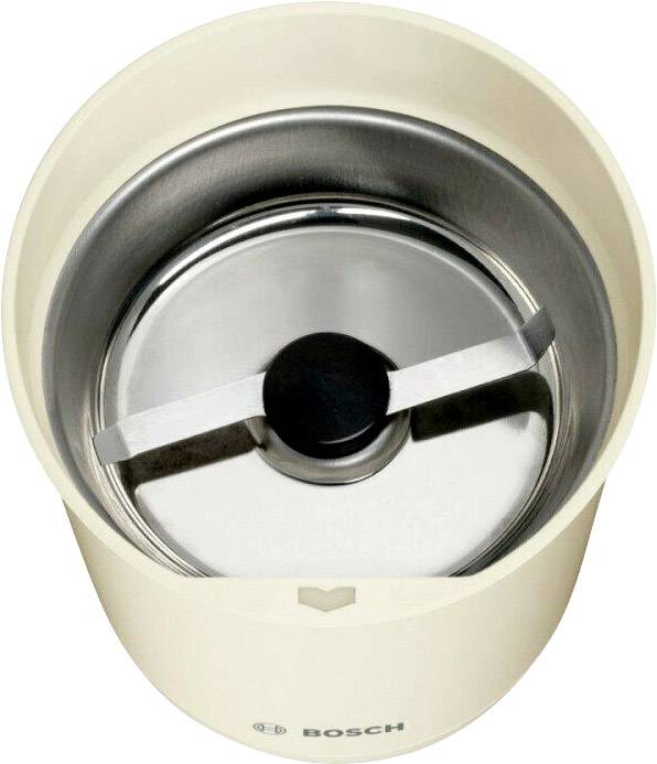 Un contenitore per macinacaffè elettrico in beige con parte interna argentata e vite centrale nera, con il nome del marchio 'BOSCH' stampato.