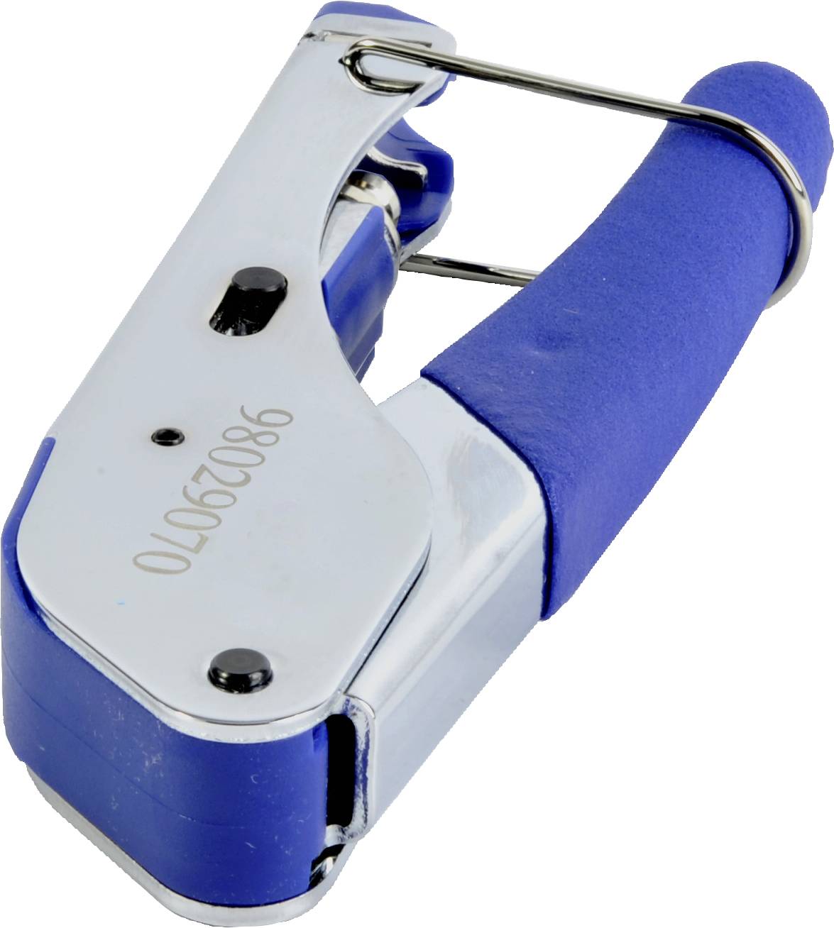 Un sparachiodi argentato e blu con impugnatura ergonomica, adatto per fissare carta e materiali leggeri.