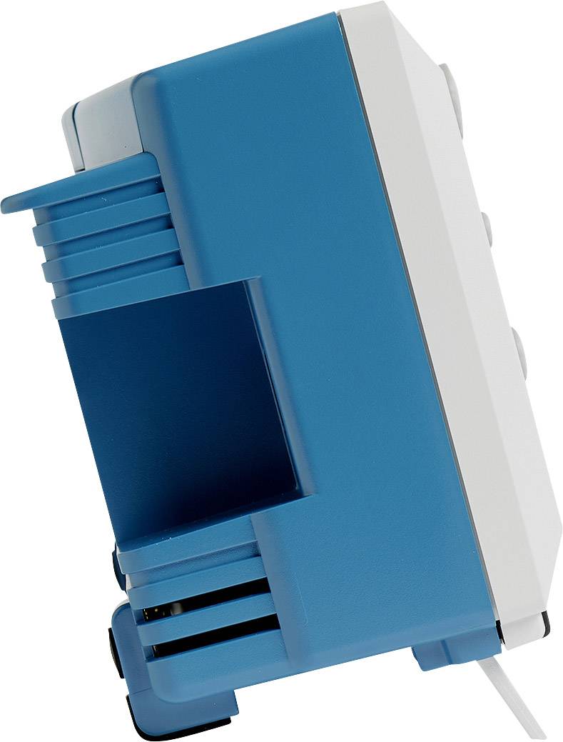 Un dispositivo tecnico blu e bianco in vista laterale. Ha diversi fessure e un braccio sporgente sul lato sinistro.