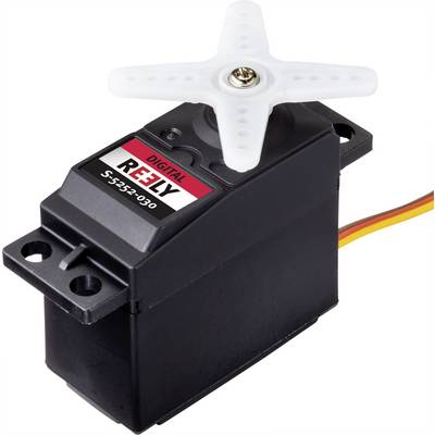 Servomotore digitale con testa dell'elica bianca, custodia nera e connessione cablata. Stampigliatura 'RELY S-352-030'.