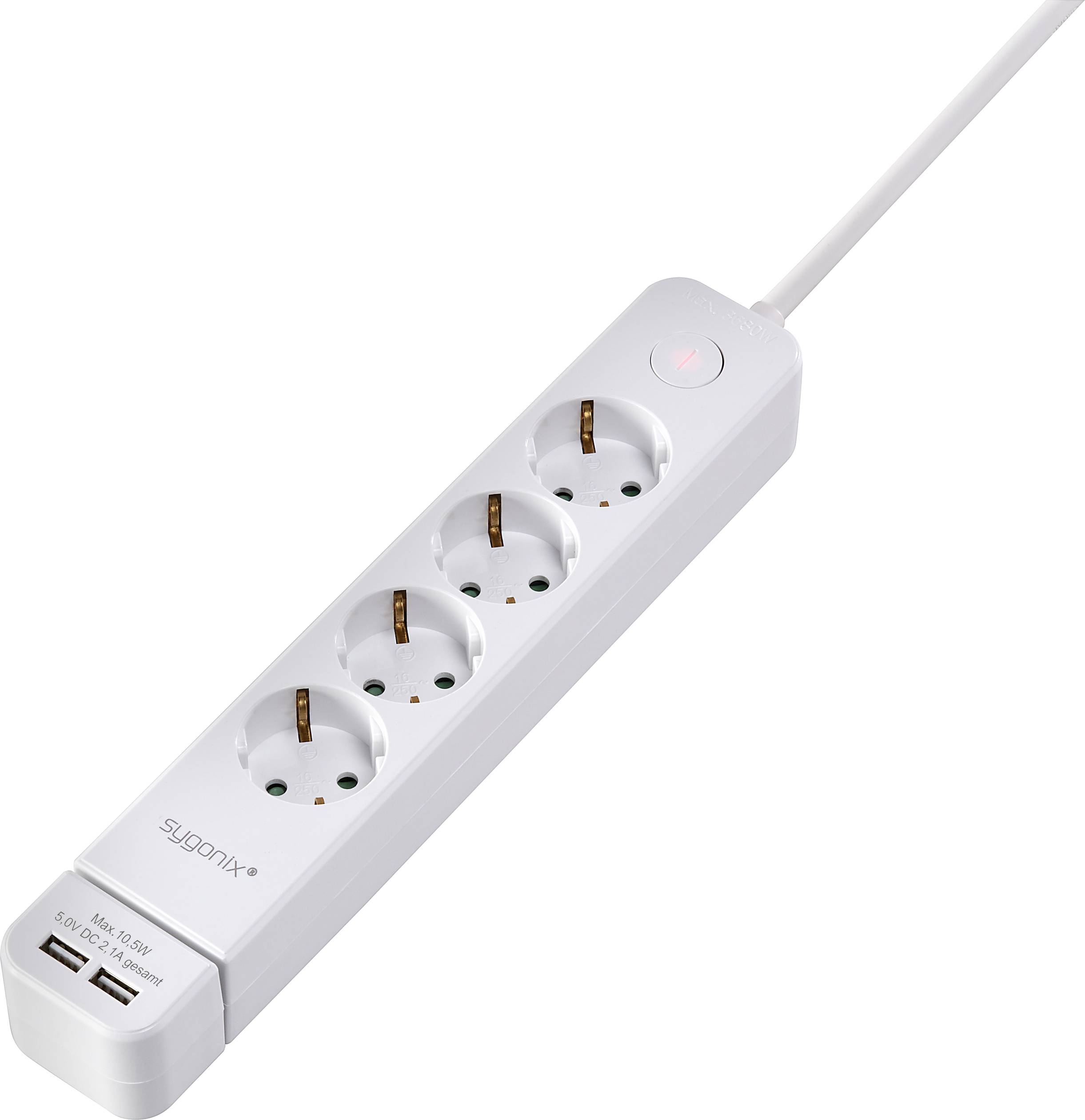 Multipresa a quattro posti con porte USB e interruttore on/off. Design bianco, adatta per diversi dispositivi elettrici.