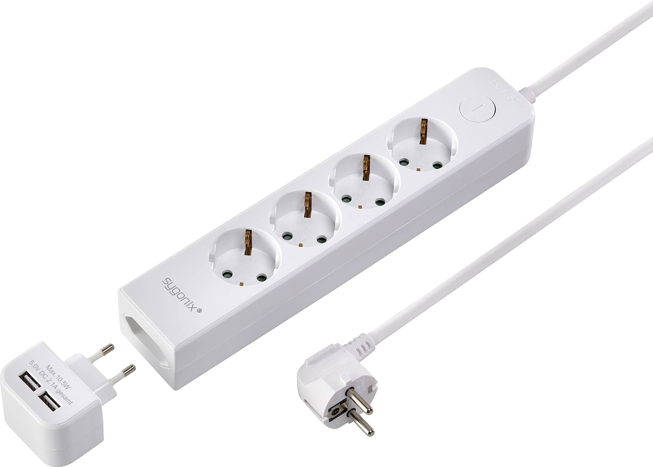Multipresa a quattro posti con due porte USB, adatta per spine europee, con design angolato, colore bianco.