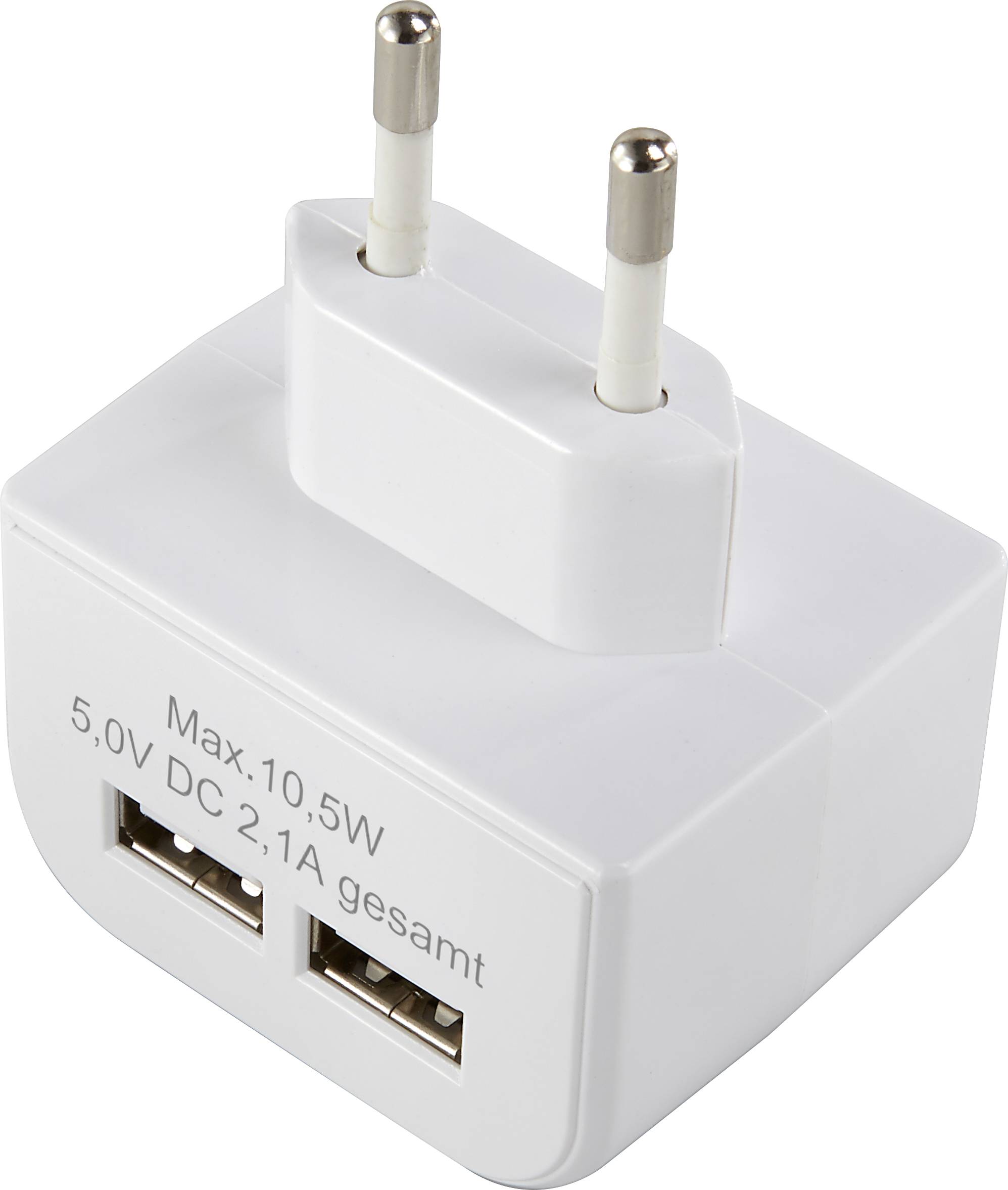 Un caricabatterie USB bianco con due porte e una potenza massima di 10,5 W. Etichetta: '5,0V DC 2,1A totale'.