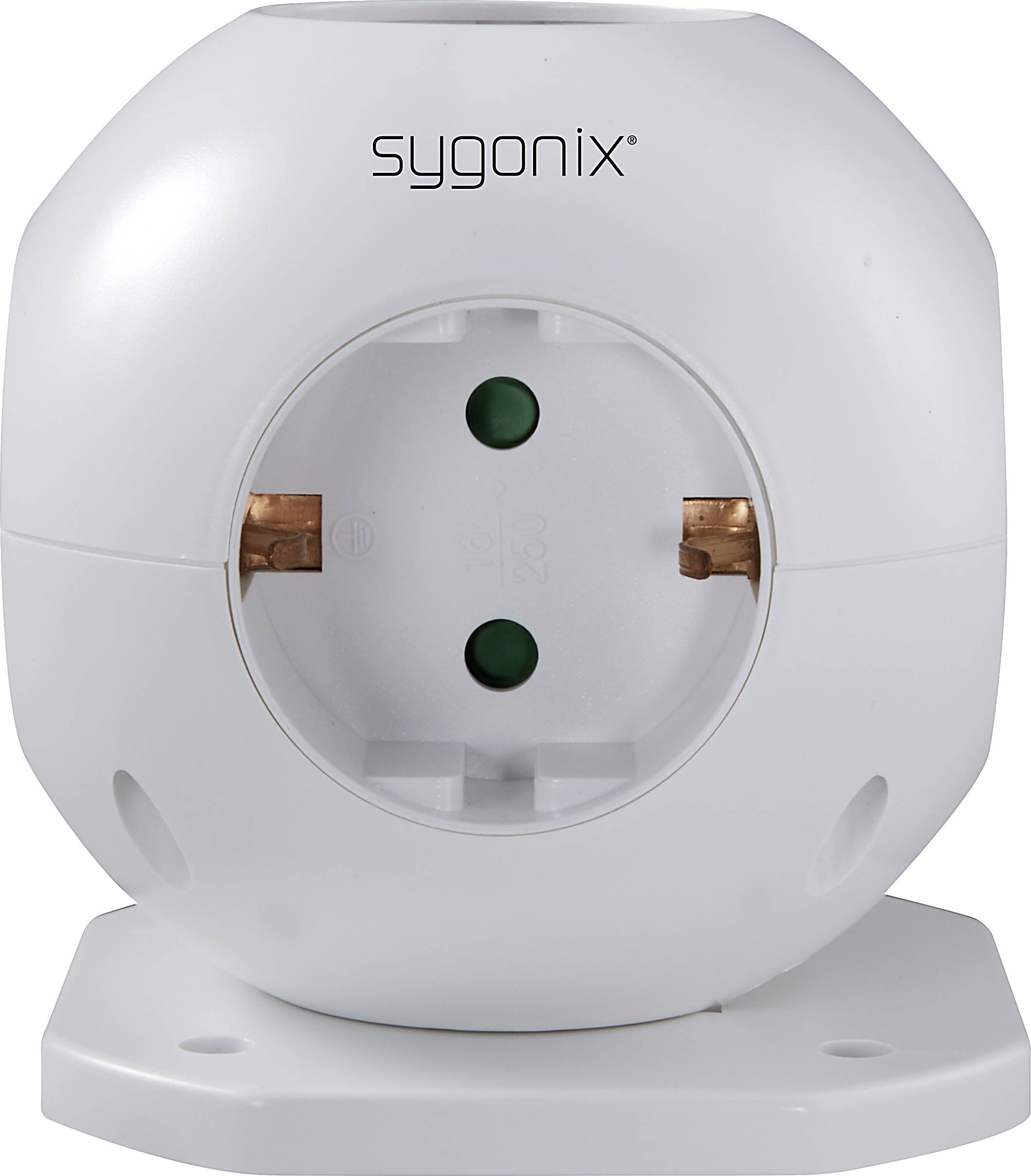 Presa rotonda bianca del marchio Sygonix con due contatti in rame e inserto di sicurezza verde, montata su una base.