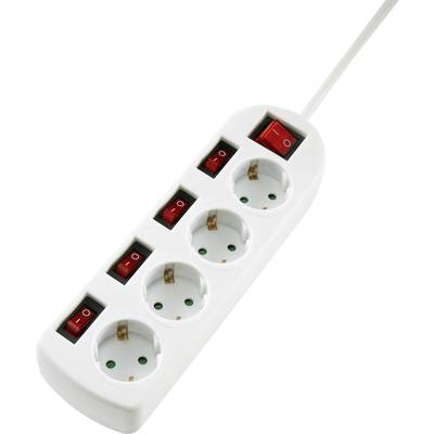 Multipresa bianca con cinque prese Schuko, ciascuna dotata di un interruttore rosso di accensione/spegnimento.