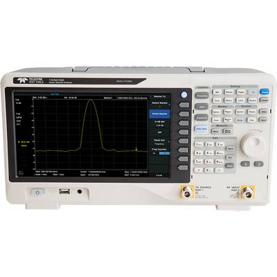 Un analizzatore di spettro con uno schermo che mostra un intervallo di frequenze con un picco evidente. Sono visibili tasti e connettori.