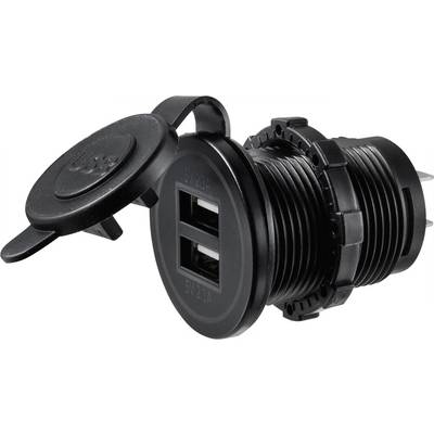 Presa USB nera con due porte e coperchio, idonea per l'installazione in dispositivi o mobili per un'alimentazione elettrica semplice.