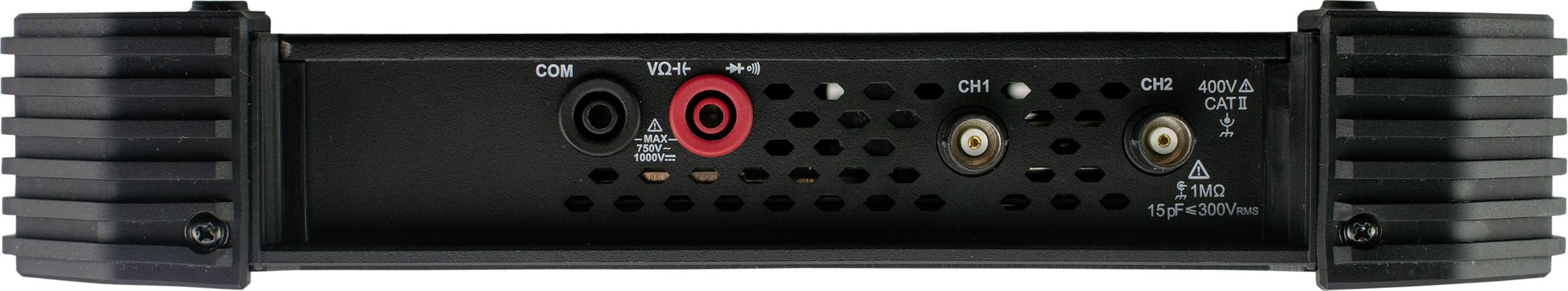 Un amplificatore audio nero con diversi ingressi e uscite, tra cui COM, VCH+ e C1+.