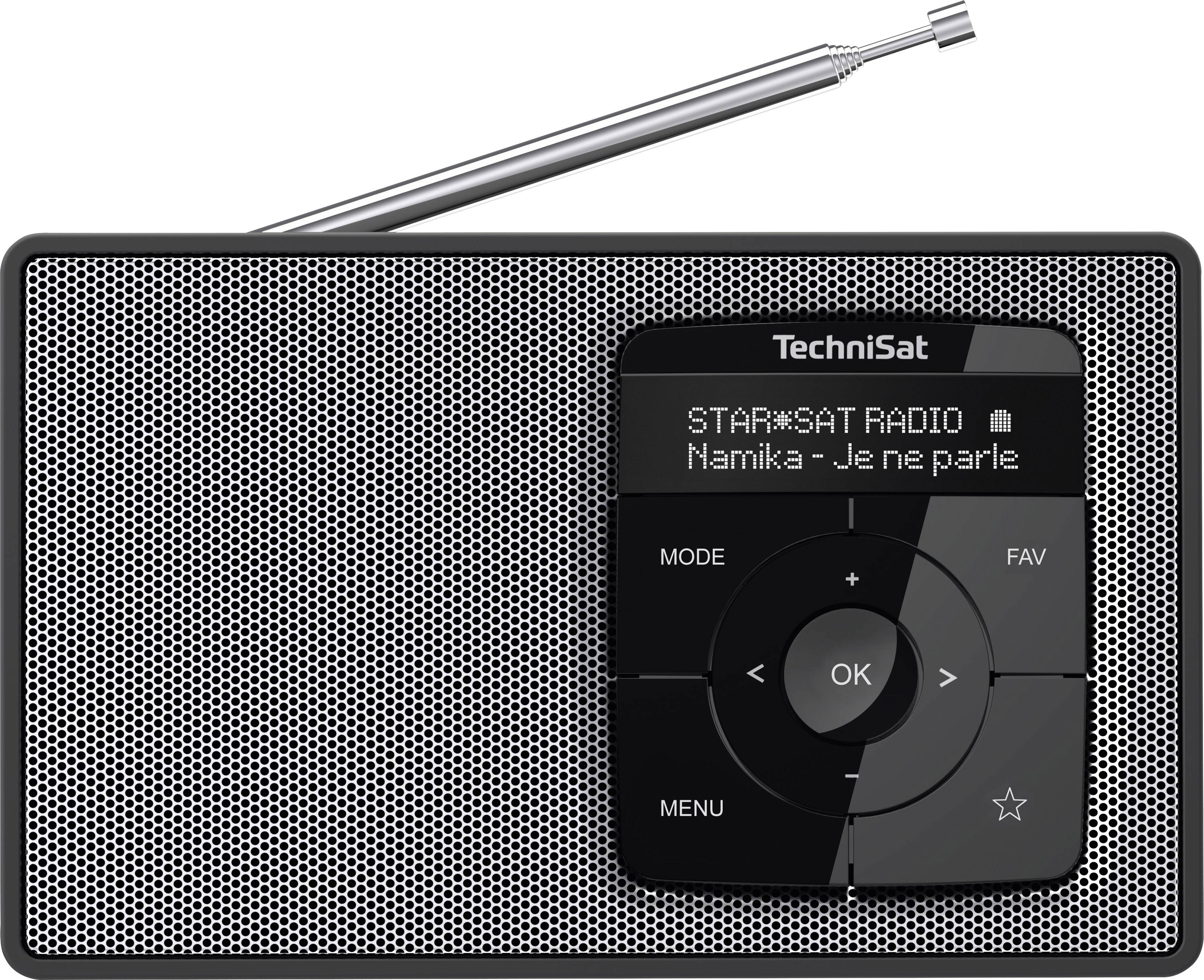 Una radio portatile con un display che mostra l'emittente 'STAR*SAT RADIO' e la canzone 'Namika - Je ne parle'.