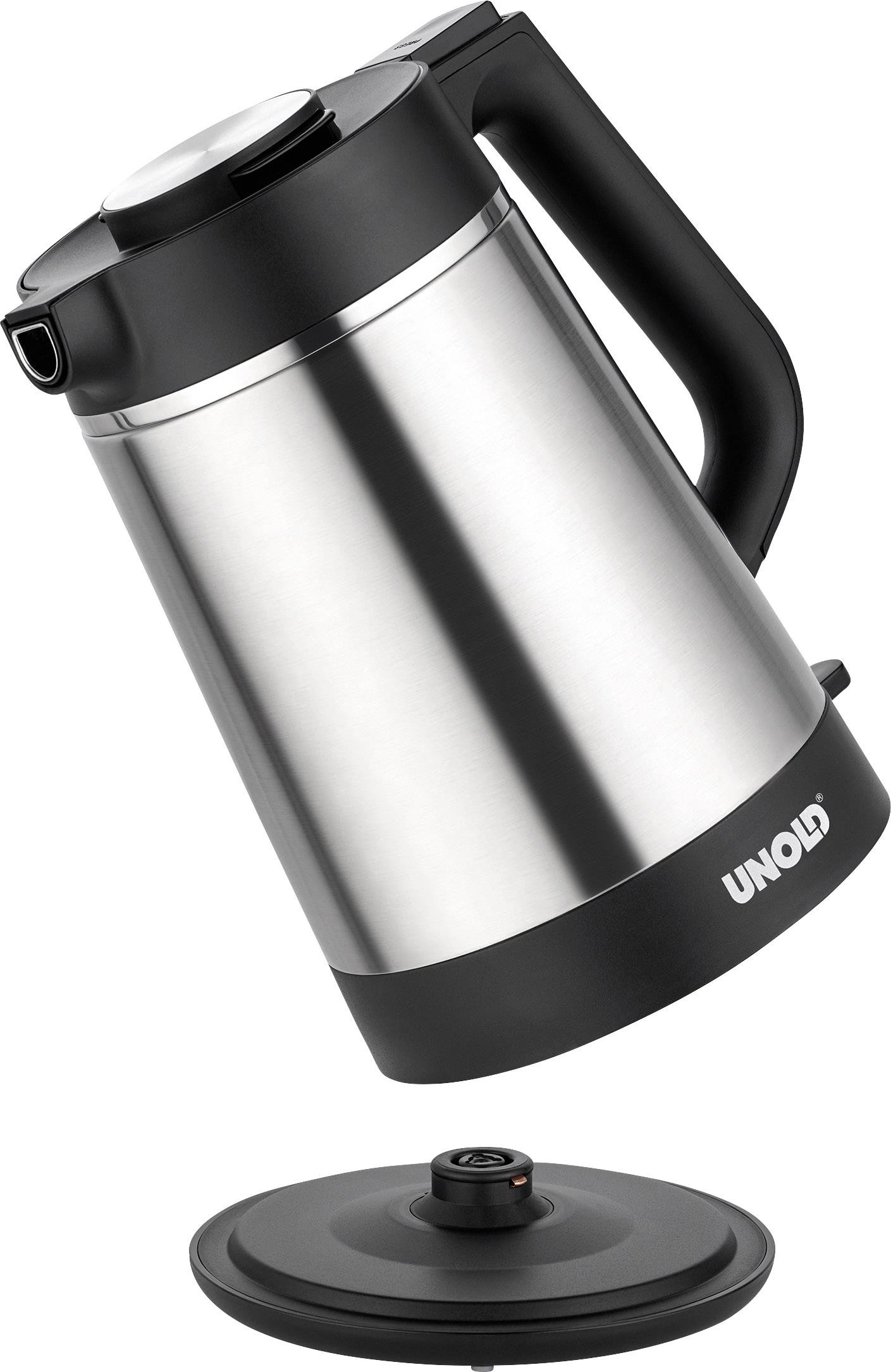 Bollitore argentato, wireless con la sua base.