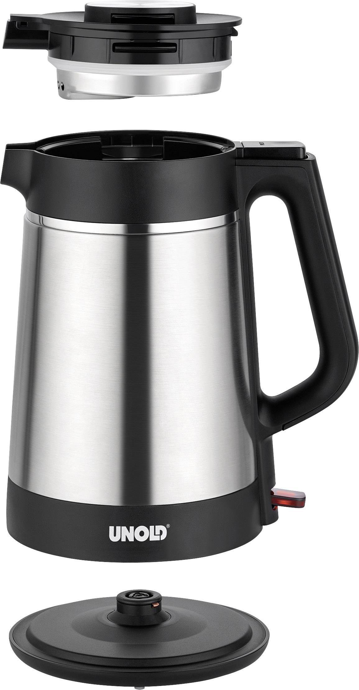 'Caraffa termica in metallo con manico nero e coperchio; logo Unold visibile; coperchio removibile in alto; isolata per bevande calde.'