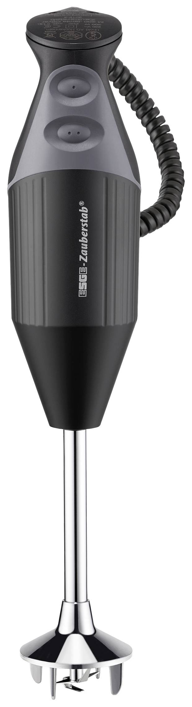 Un mixer nero con impugnatura ergonomica, due pulsanti di velocità e asta rimovibile in acciaio inossidabile, adatto alla preparazione di cibi.