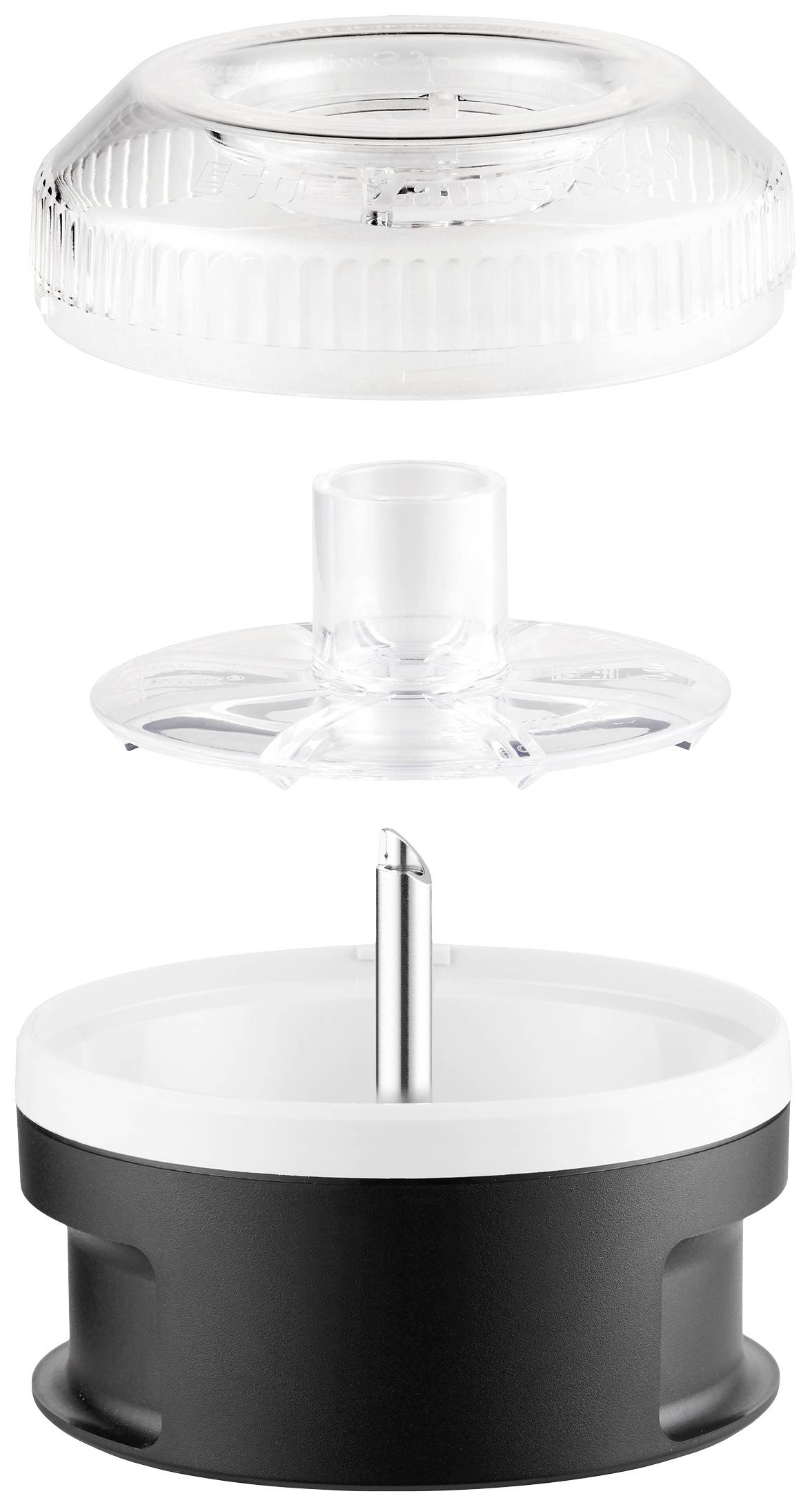 Disegno esploso di un accessorio per mixer con parti nere e trasparenti. Tre moduli: coperchio trasparente in alto, gruppo mescolatore al centro, contenitore nero in basso.