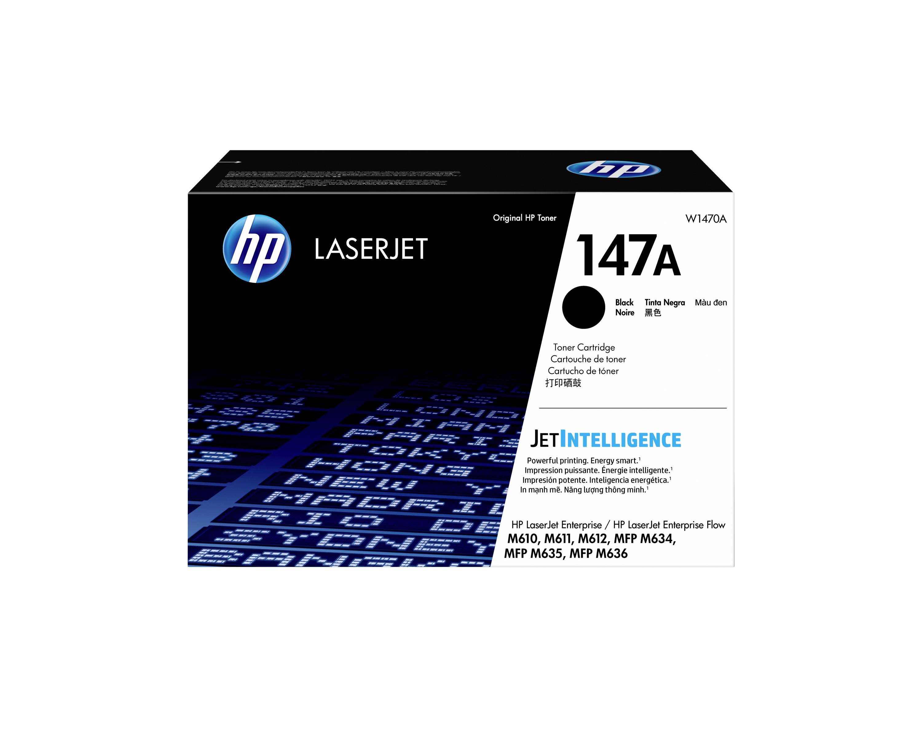 Scatola di cartuccia di toner nero HP LaserJet 147A con marchio JetIntelligence e compatibilità per stampanti HP LaserJet Enterprise.