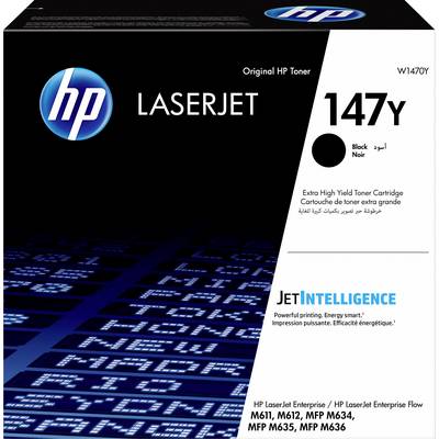 L'immagine mostra una cartuccia toner HP LaserJet 147Y, adatta per i modelli di stampanti M611, M612, MFP M634, MFP M635, MFP M636.
