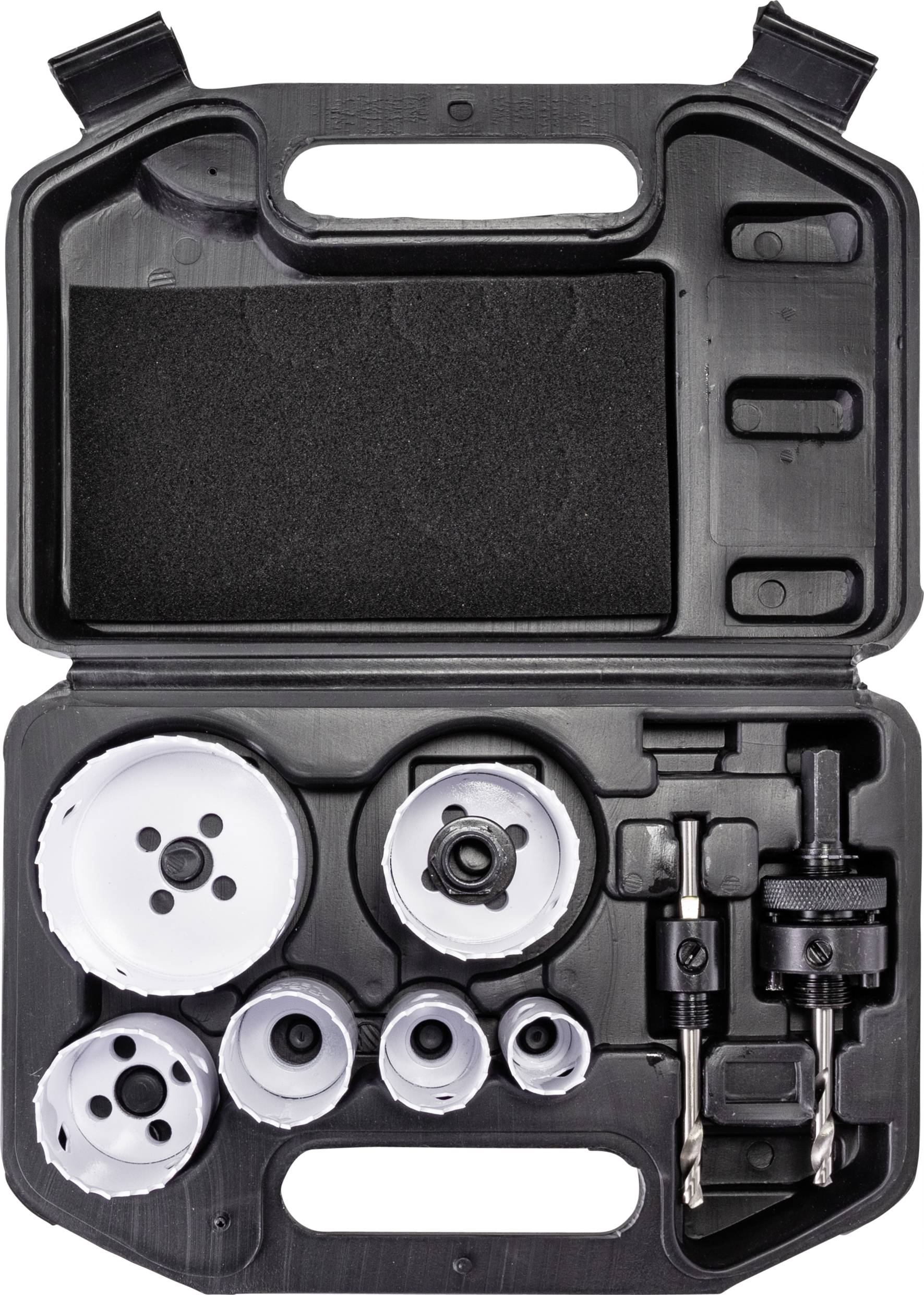 Un set di corone per trapano in un astuccio nero. Contiene diverse dimensioni di corone per trapano per l'uso con utensili elettrici.