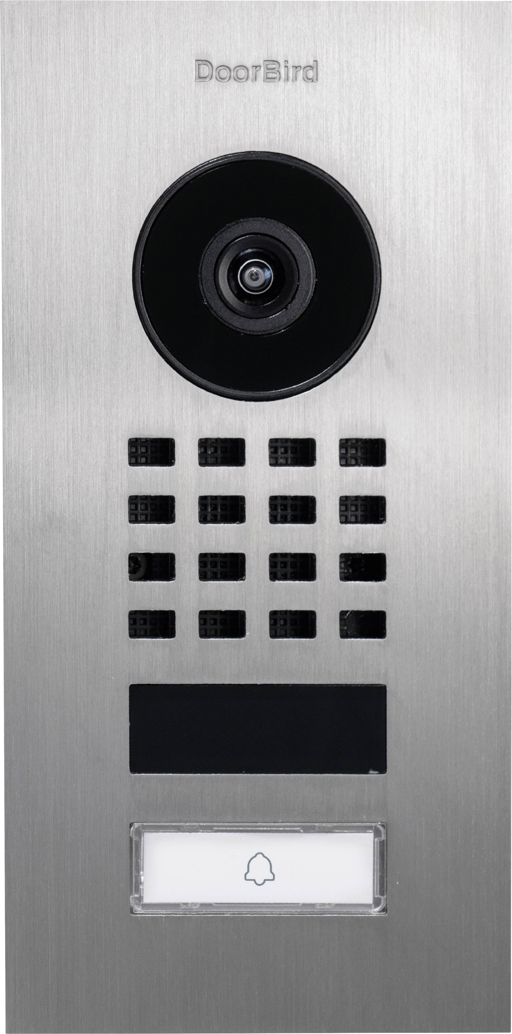 Campanello con telecamera e microfono su involucro metallico. La fotocamera è posizionata in alto, sotto di essa una griglia per altoparlanti e un pulsante per suonare il campanello.