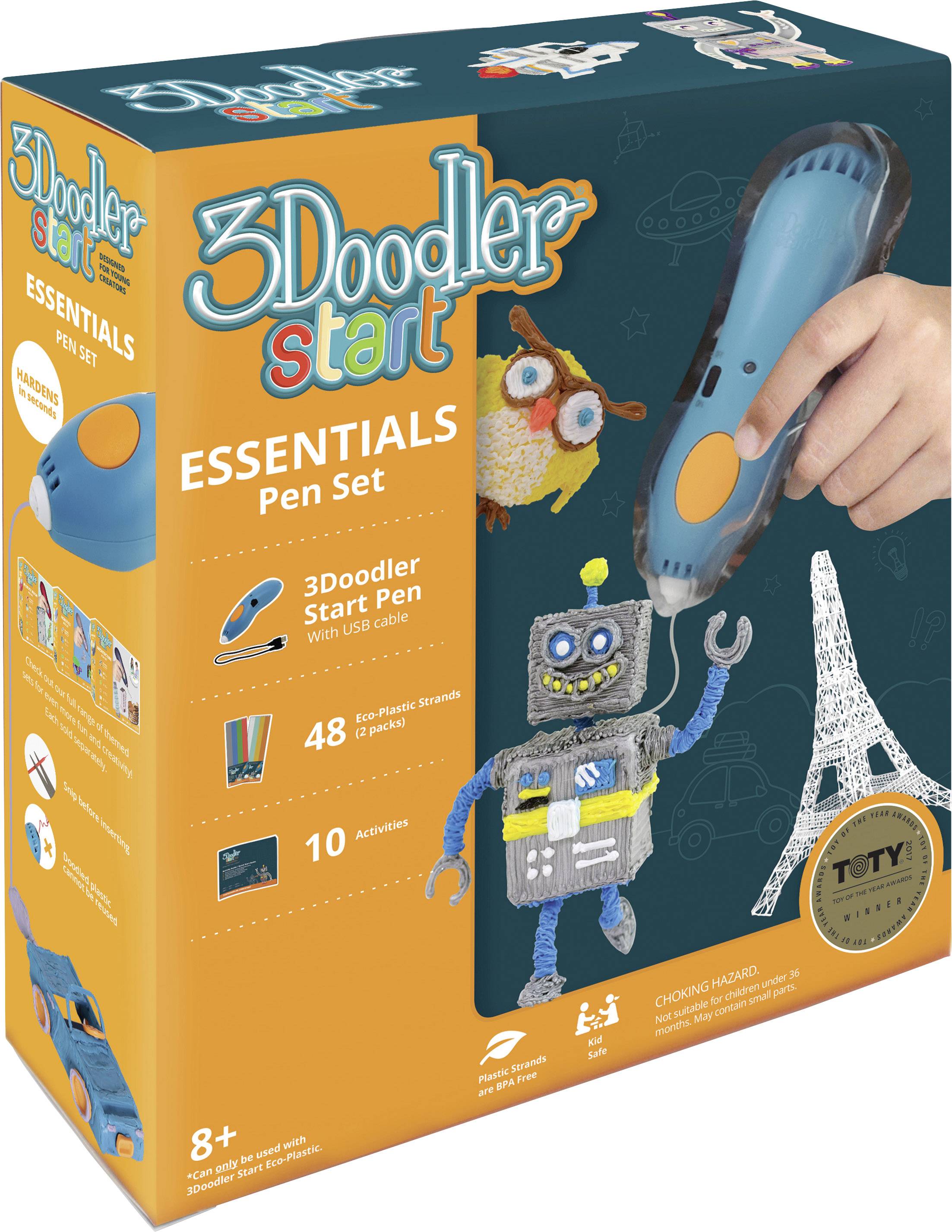Set di penna per stampa 3D '3Doodler Start Essentials' con confezione che mostra immagini della penna, un robot, la Torre Eiffel e un gufo.