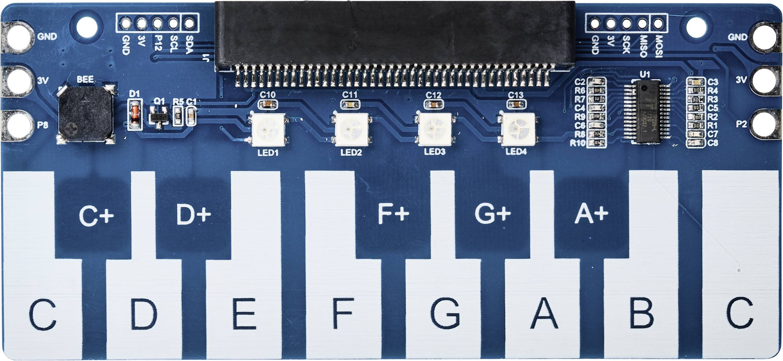 Circuito elettronico con scheda di sensori e tasti, progettato come una tastiera con marcature da Do a Si.