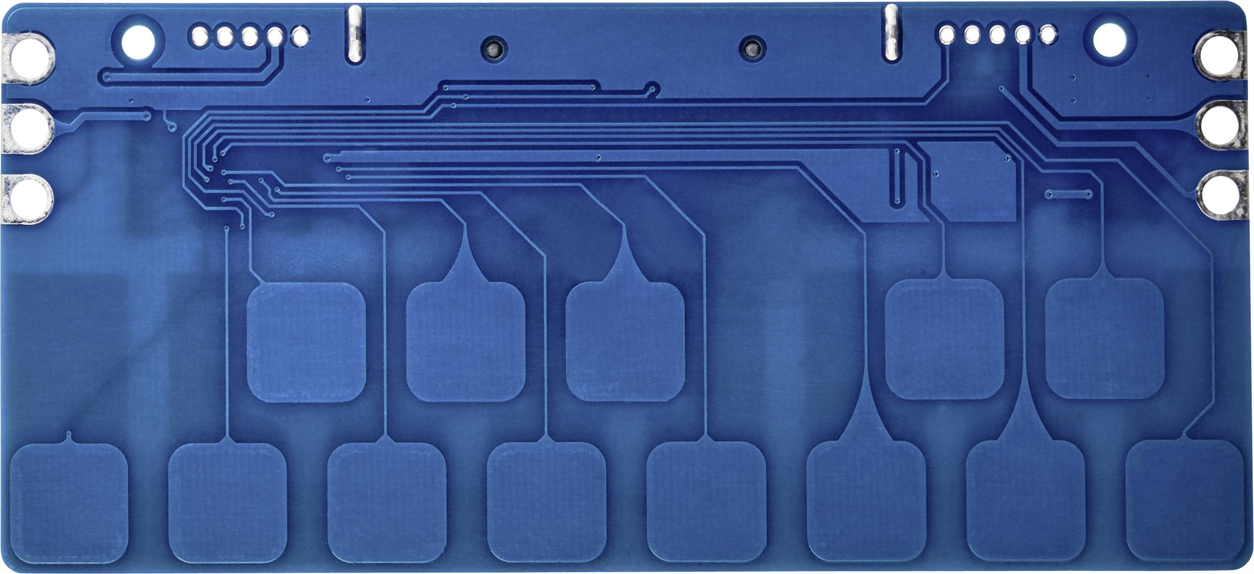 Scheda elettronica blu, mostra circuiti e superfici di contatto; utilizzata per applicazioni tecniche o sperimentali.