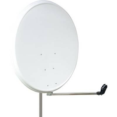 Parabola satellitare con riflettore circolare bianco, montata su una struttura metallica, su sfondo neutro.
