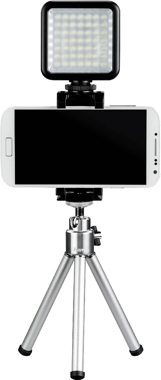 Smartphone montato su treppiede con luce LED posizionata in alto, pronto per riprese fotografiche o video.