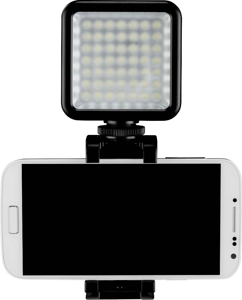 Uno smartphone con un'illuminazione LED quadrata applicata nella parte superiore, ideale per migliorare l'illuminazione durante riprese fotografiche o video.