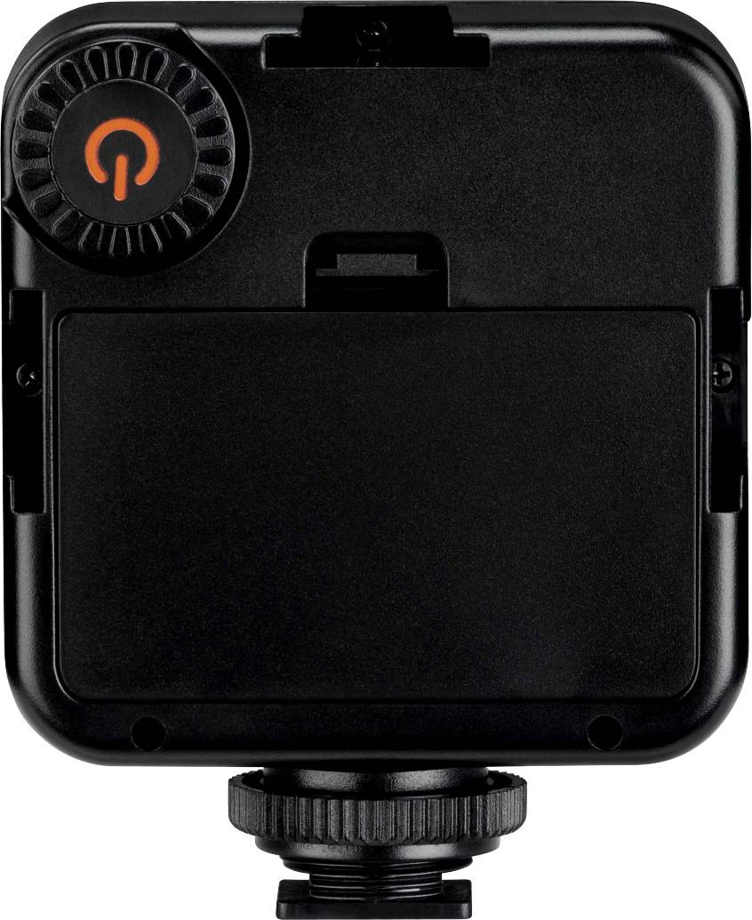 Dispositivo elettronico nero con pulsante di accensione arancione sulla parte superiore e dispositivo di montaggio inferiore.