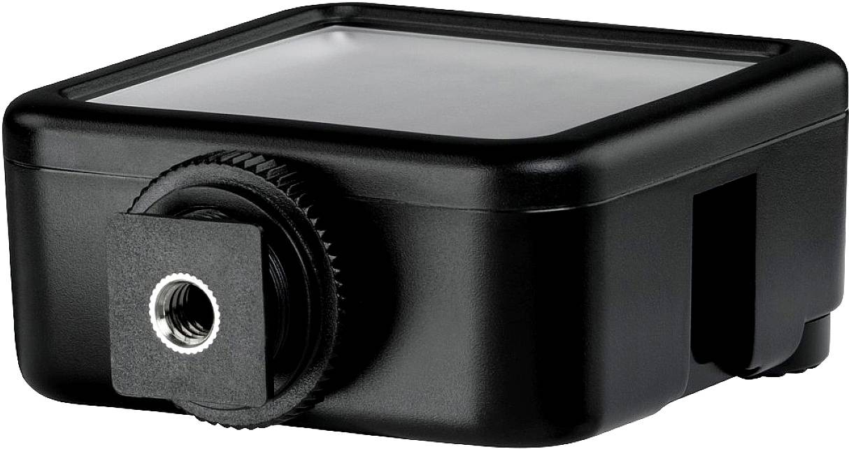 Dispositivo nero, quadrato, con un obiettivo sul lato frontale. Probabilmente una fotocamera o un sensore racchiuso in un involucro compatto.