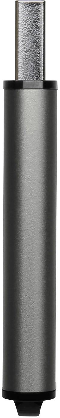 Una penna cilindrica d'argento con superficie liscia, una punta nera in basso e un clip metallico sporgente in alto.
