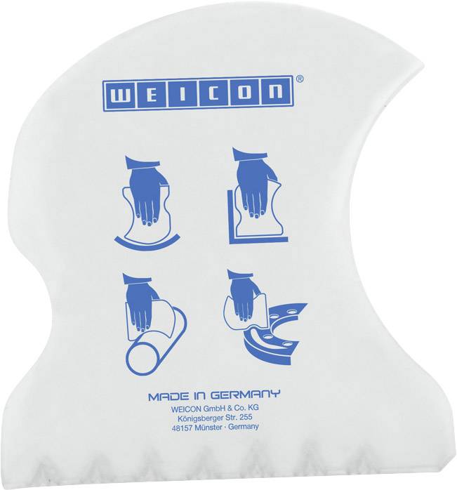 Raschietto multiuso in plastica con quattro illustrazioni blu per l'uso. Testo sottostante: 'Made in Germany, WEICON GmbH & Co. KG'.