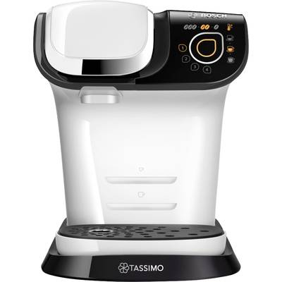 Una moderna macchina da caffè bianca con un pannello di controllo nero e diverse opzioni di tasti. Marchi di 'Tassimo' e 'Bosch' visibili.
