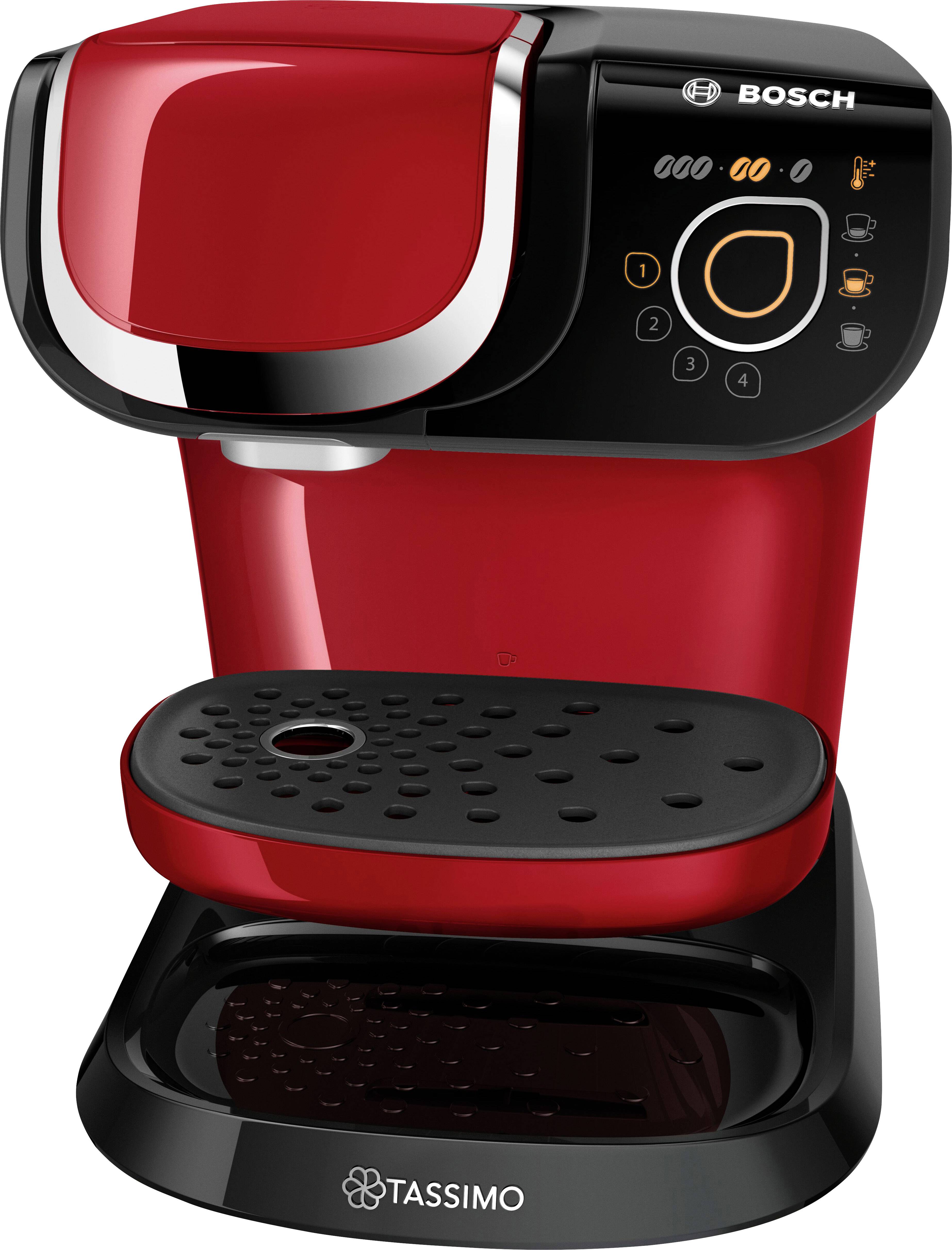 Macchina da caffè rossa con pannello di controllo e logo Tassimo. È compatta e dal design moderno, ideale per le capsule di caffè.