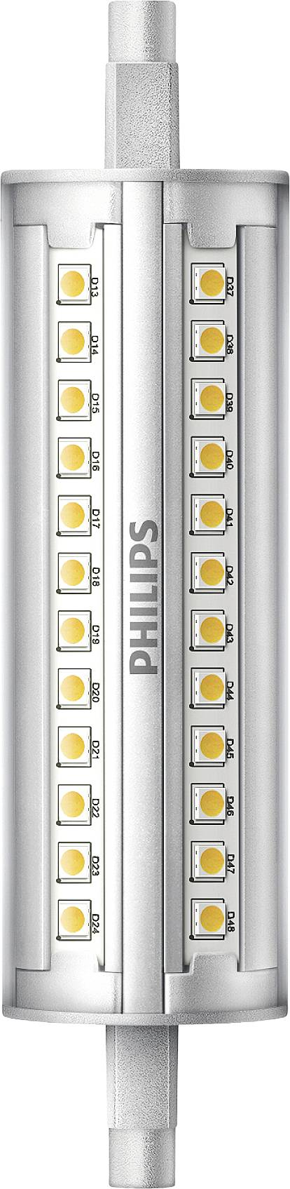 Lampada a cilindro LED con due file di diodi gialli, contrassegnata con 'PHILIPS' al centro, per un'illuminazione a basso consumo energetico.