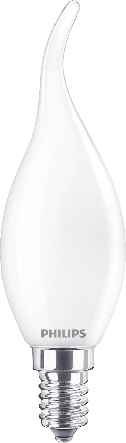 Lampada LED a forma di fiamma di Philips, sostituto di lampadina con piccolo attacco a vite, superficie bianca.