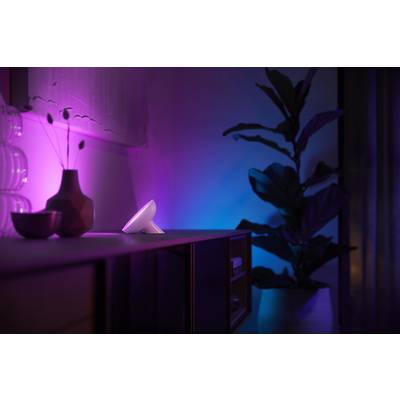 Lampada da tavolo proietta una luce viola su una credenza con vasi accanto. Sullo sfondo, una pianta è illuminata da una luce blu.