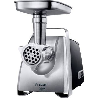Macchina tritacarne elettrica in acciaio inox del marchio Bosch, modello ProPower da 2200 W, con involucro argentato e apertura rotonda anteriore.