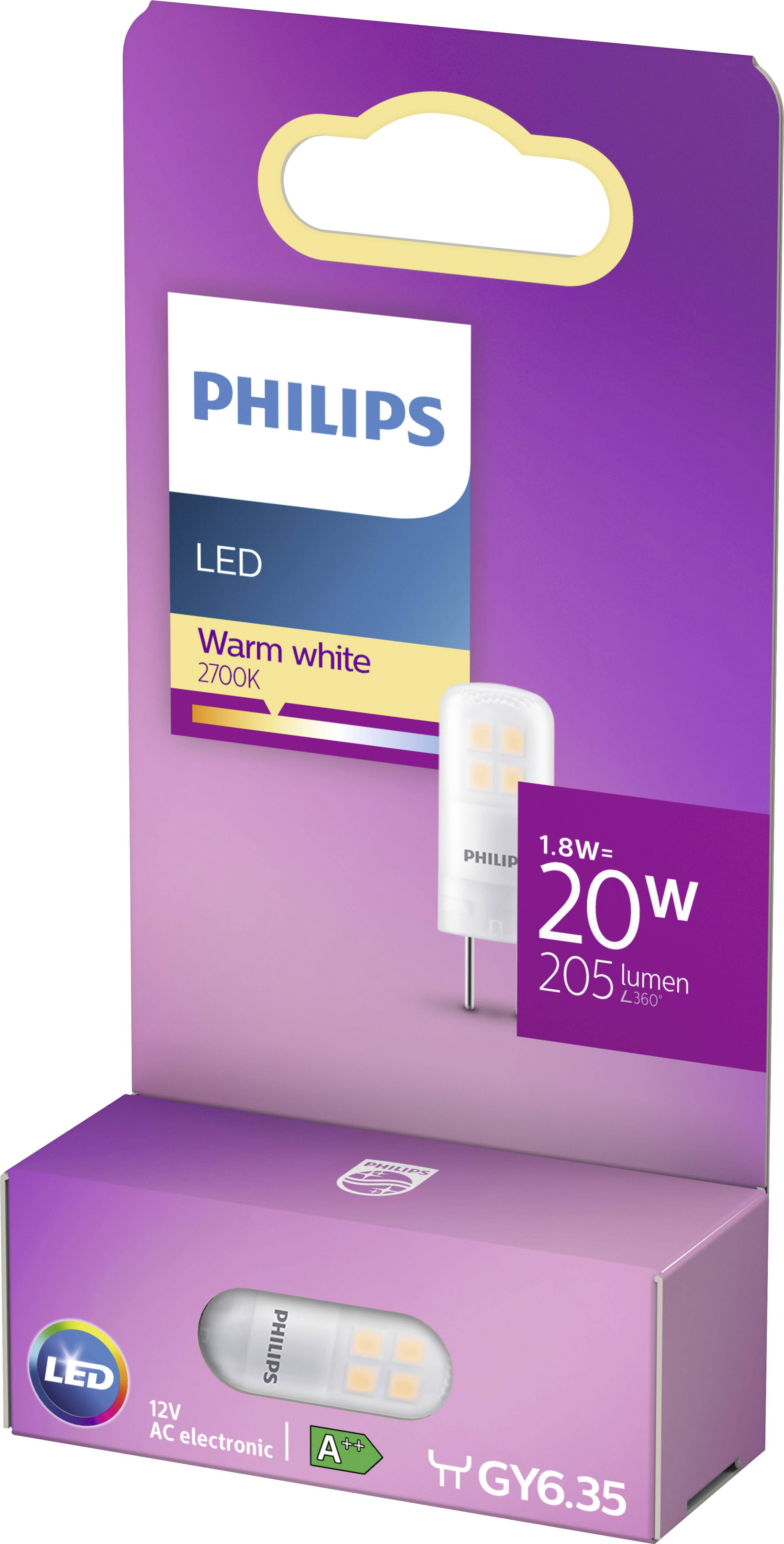 Confezione di una lampadina LED Philips in luce calda da 1,8W, equivalente a 20W, con 205 lumen. Adatta per sistemi AC a 12V.