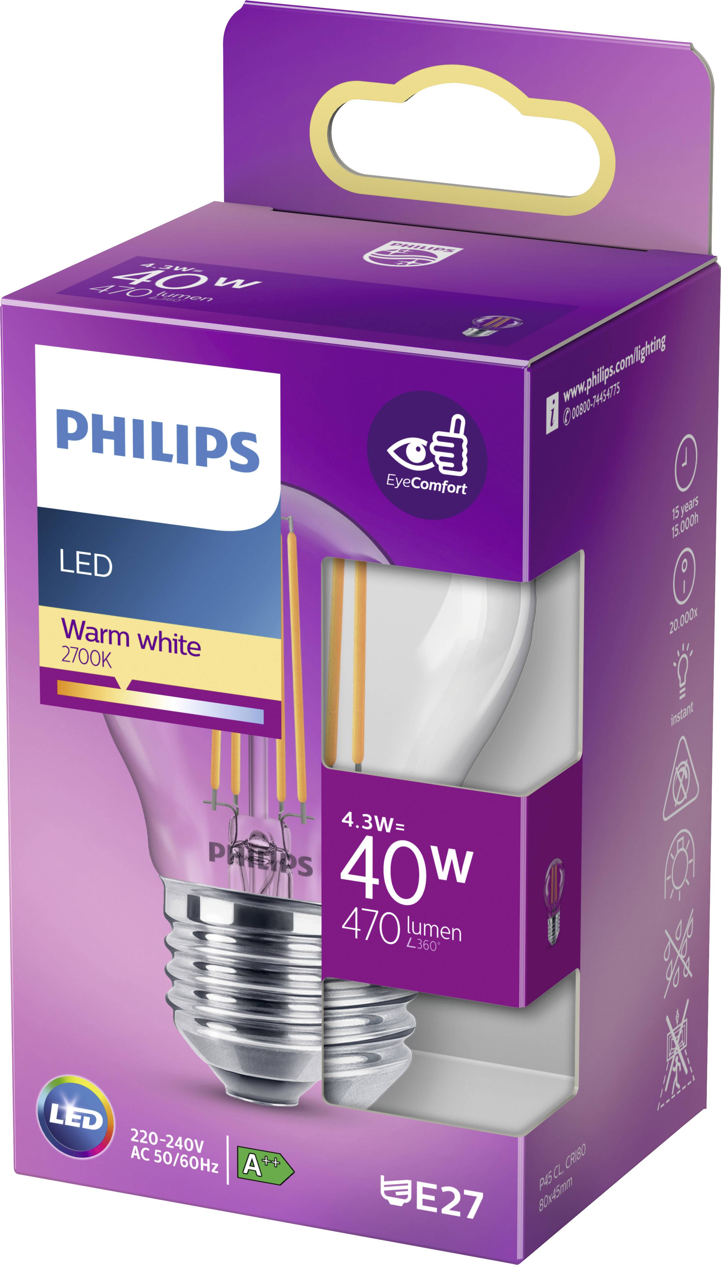 'Lampadina LED Philips; Luce calda 2700K, 4,3W, Equivalente 40W, 470 Lumen, Attacco E27, EyeComfort'