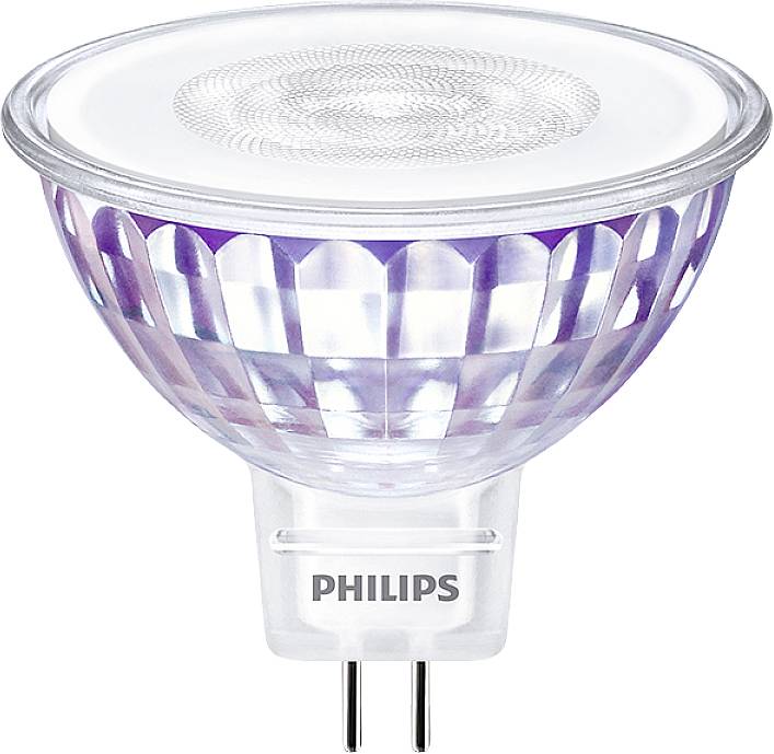 Una lampada LED Philips con vetro trasparente e interno riflettente, attacco GU5.3, adatta per illuminazione direzionale.