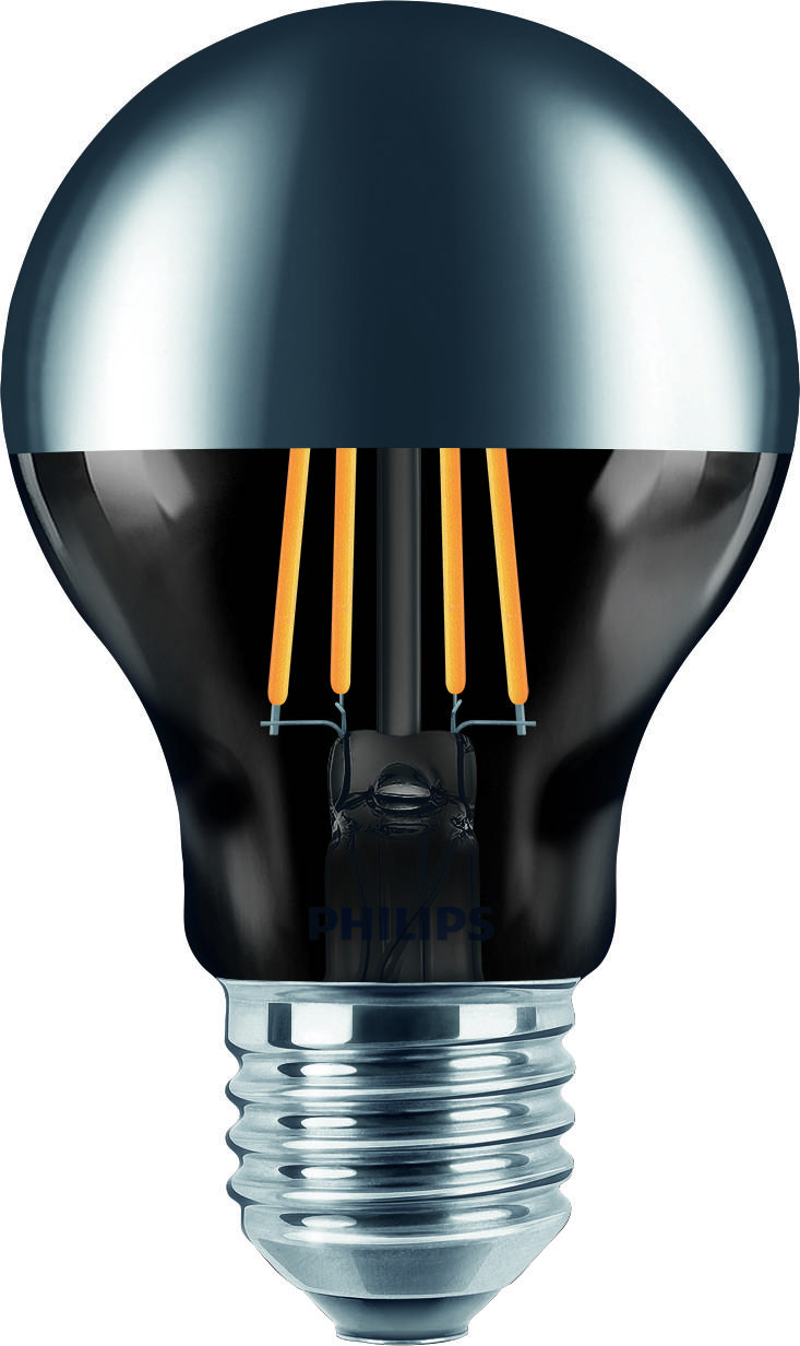 Una lampadina LED con filamenti visibili, base argentata e superficie riflettente, che presenta un'estetica retrò.