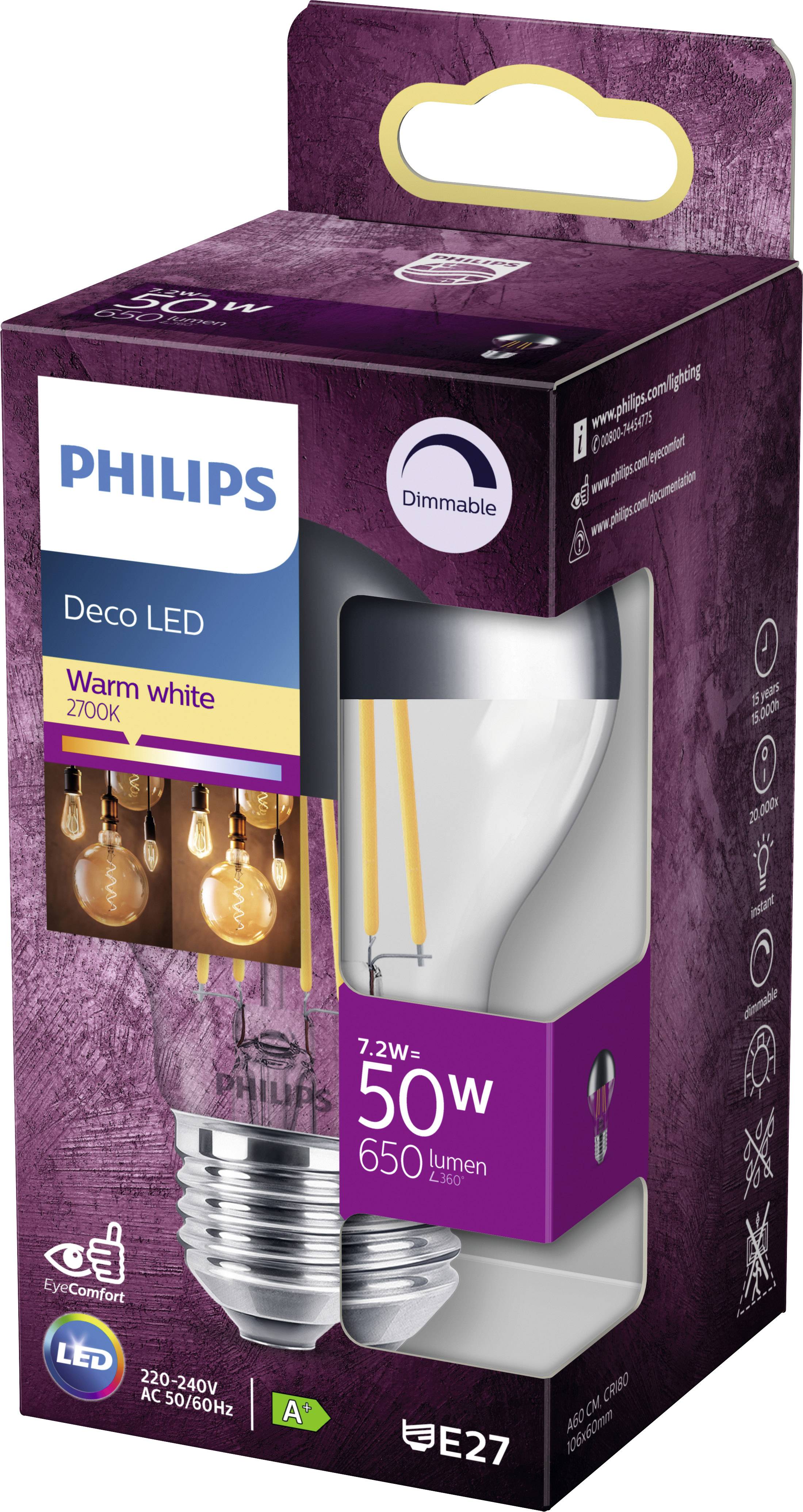 Confezione di una lampadina LED Philips Deco, luce calda, dimmerabile, 7,2W=50W, 650 lumen, attacco E27, classe energetica A.
