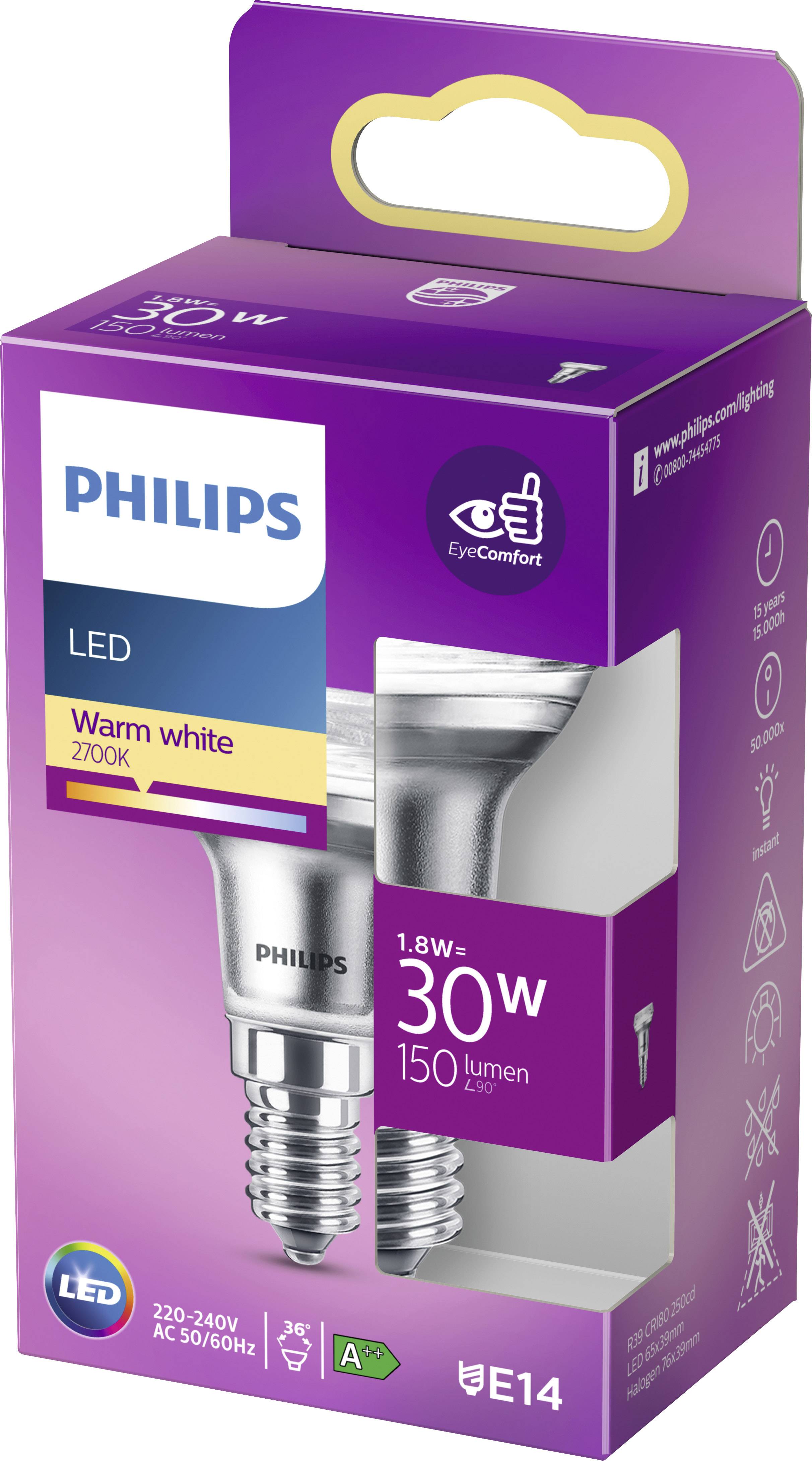 Una confezione di lampadine LED Philips, luce calda (2700K), 1,8W equivalente a 30W, attacco E14, 150 lumen, ideali per la protezione degli occhi.