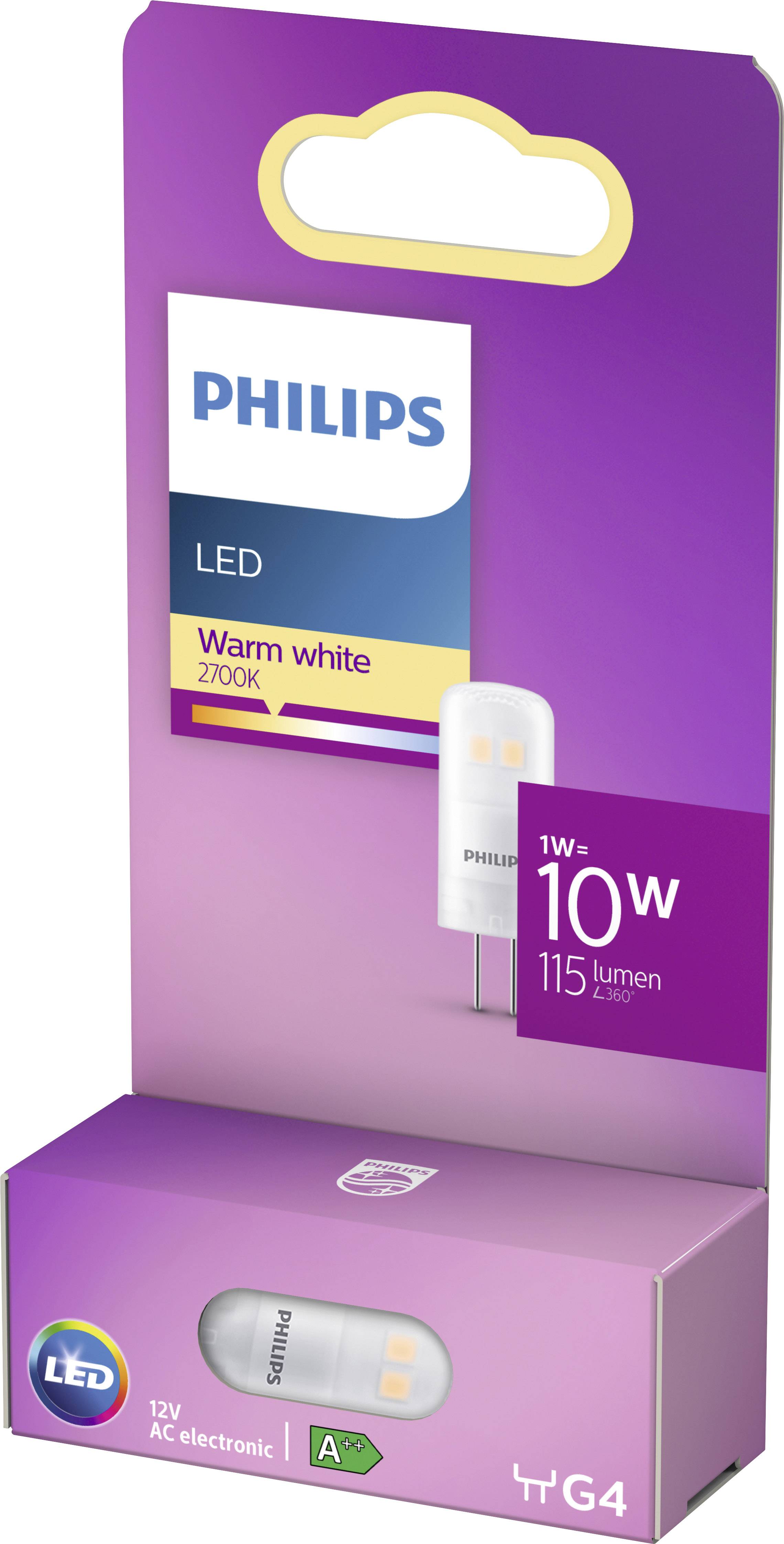 'Lampadina LED Philips, luce calda, 2700K, 1W=10W, 115 Lumen, attacco G4, 12V, Classe energetica A+' Confezione in tonalità di viola.