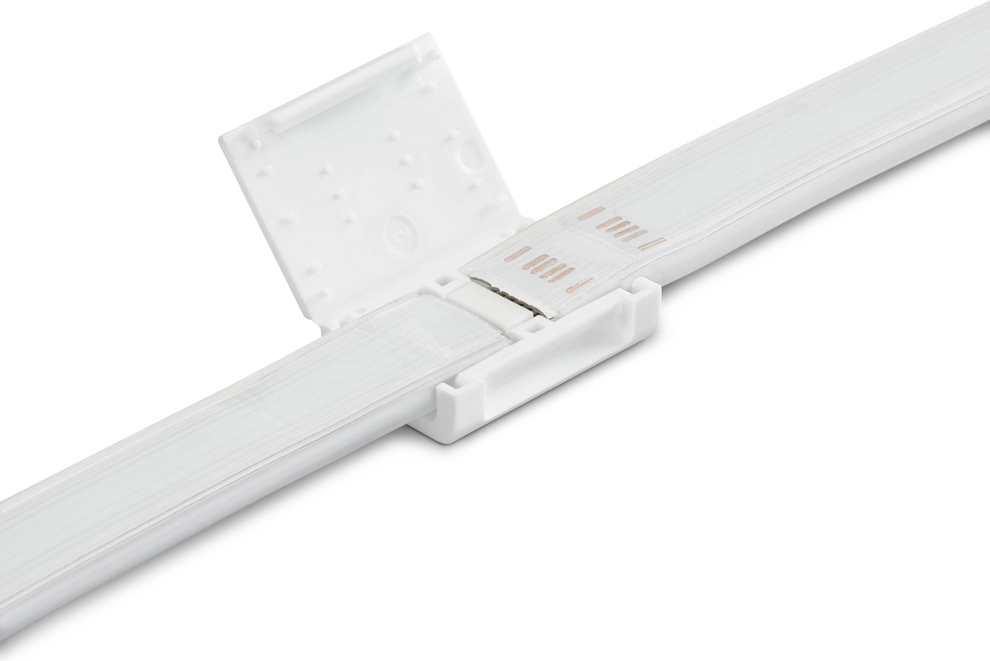 Un connettore per banda luminosa LED bianco con coperchio aperto che mostra i morsetti di connessione.