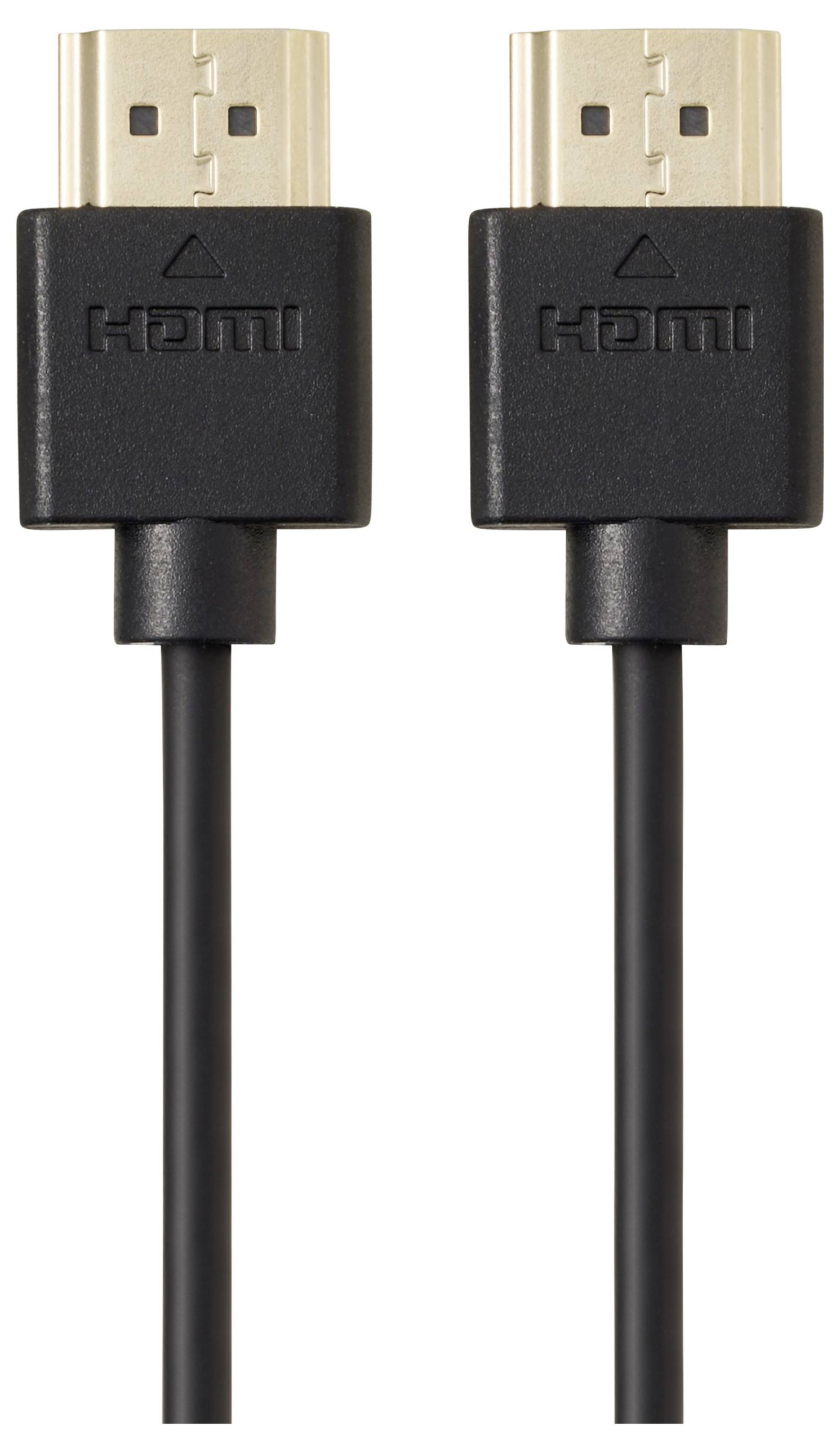 Due cavi HDMI neri con connettori placcati in oro, posizionati verticalmente uno accanto all'altro, su uno sfondo bianco.