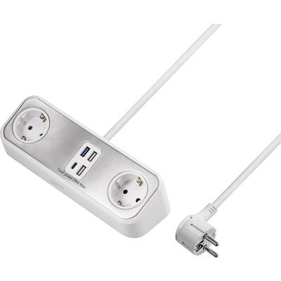 Multipresa con due prese elettriche e tre porte USB, cavo con spina europea. Ideale per uso domestico o in ufficio.