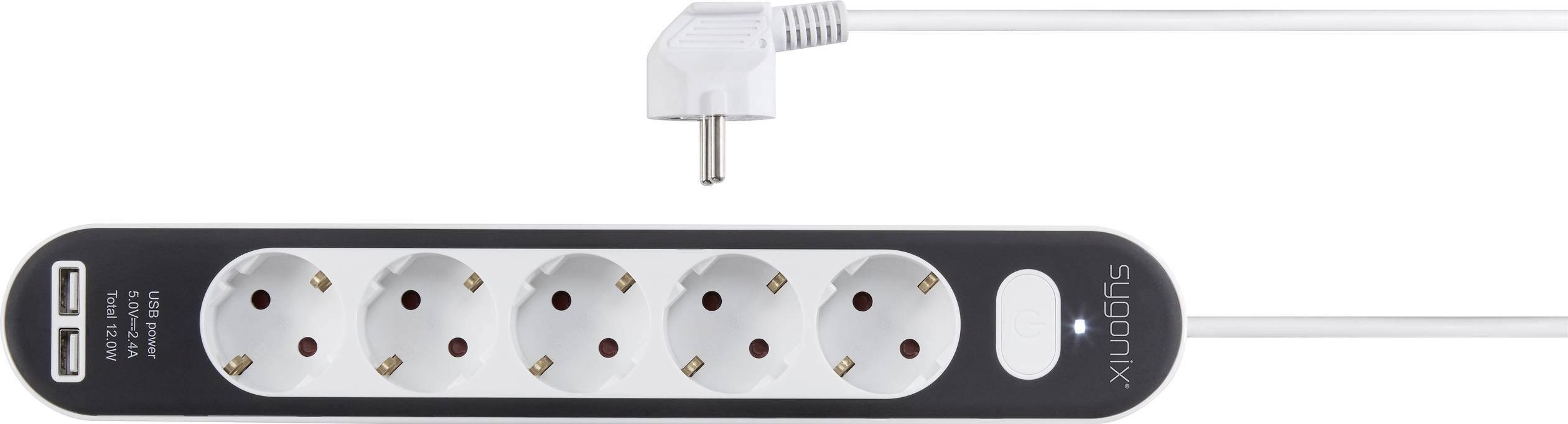Multipresa nera con cinque prese e due porte USB, contrassegnata con 'Subformix'. Linea di alimentazione bianca in alto.