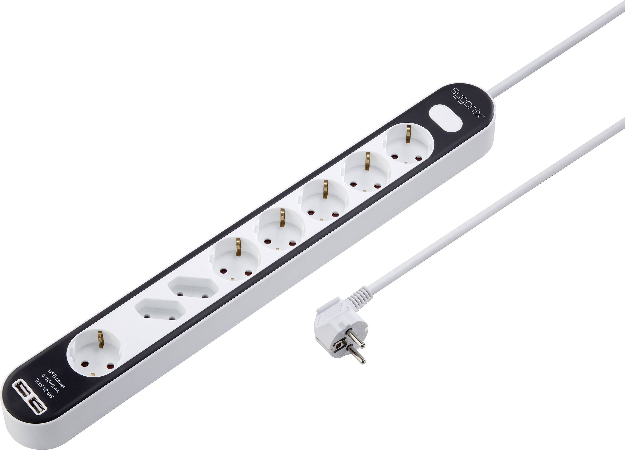 'Multipresa con sei prese e porte USB, collegata con cavo bianco e spina Schuko.'