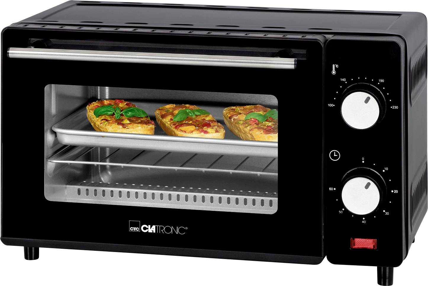 Piccolo forno nero con vetro, all'interno due pezzi di pizza su una teglia. Due manopole di regolazione sul lato destro.